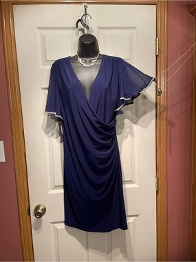 J.B.S. Deep Navy Draped V-Neck Dress with Sheer Flutter Sleeves